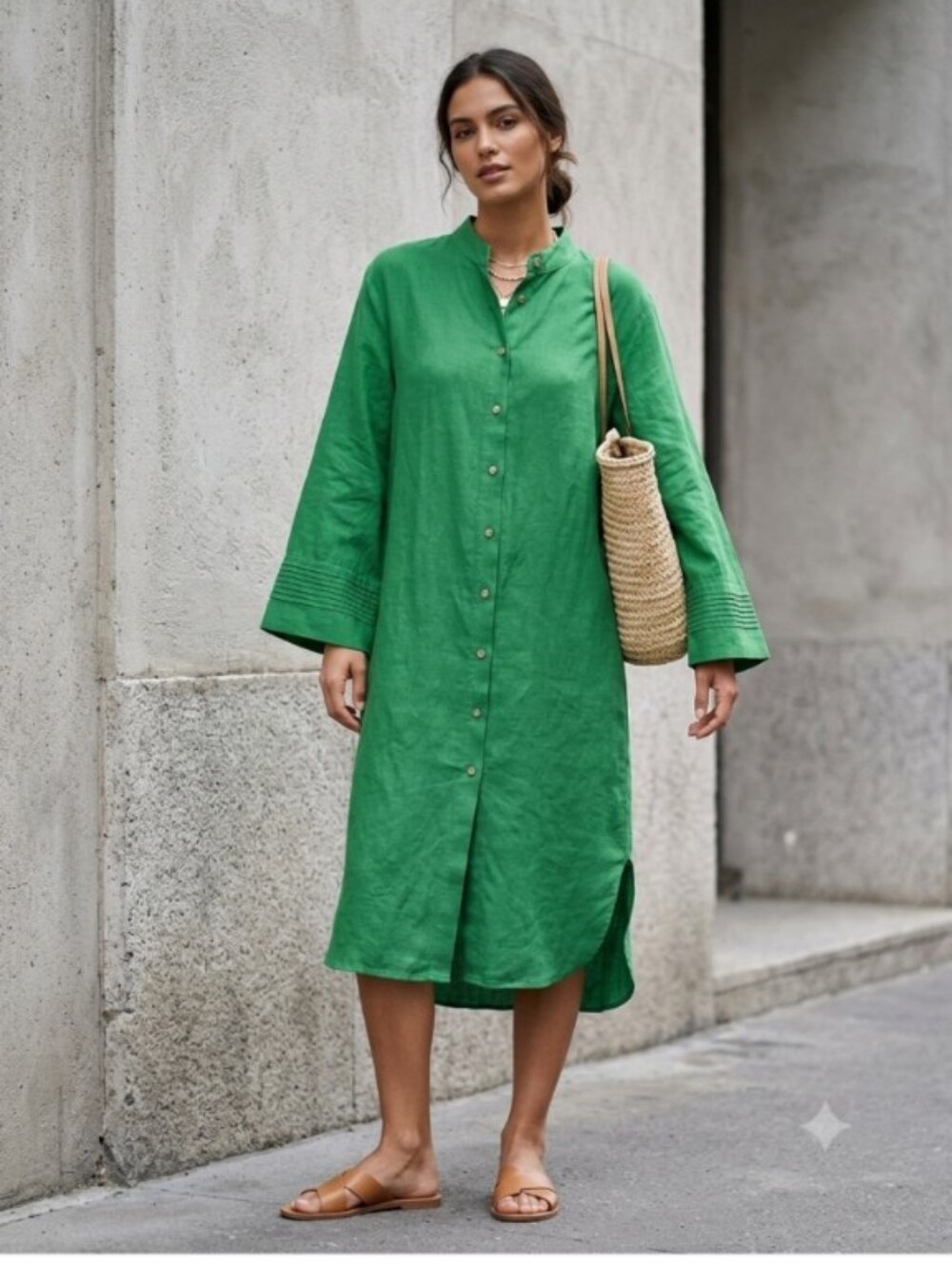 Zara Green Button-Front Linen Midi Dress